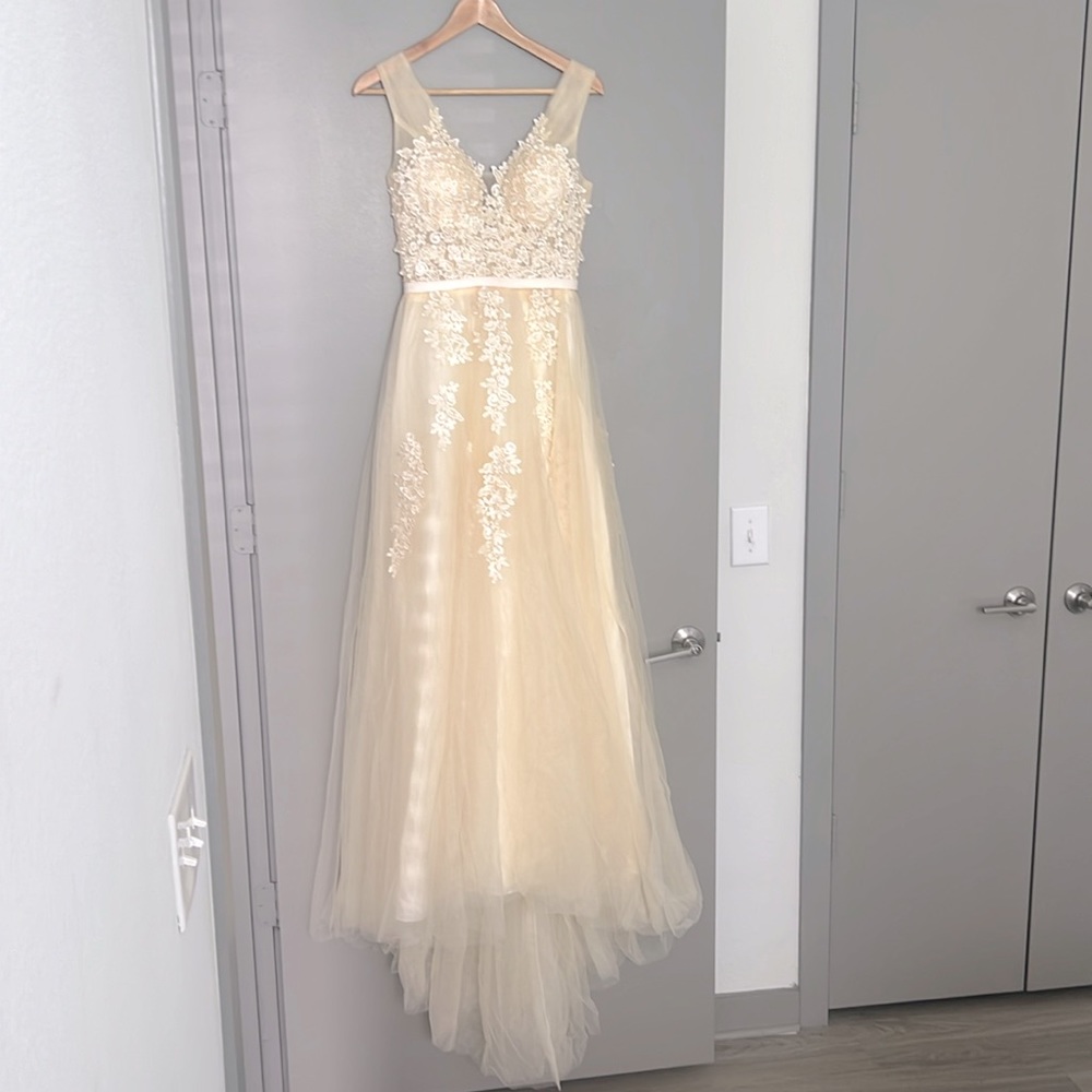 NWT Beaded Chiffon Cream Gown, 4